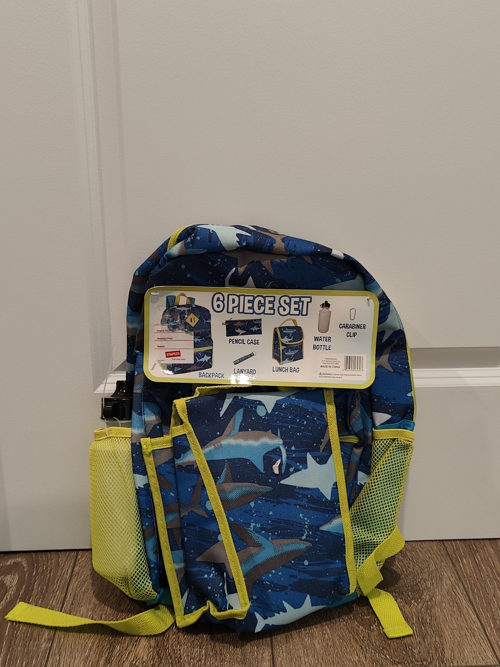 Kids Shark Print Blue Backpack Set with Yellow Accents